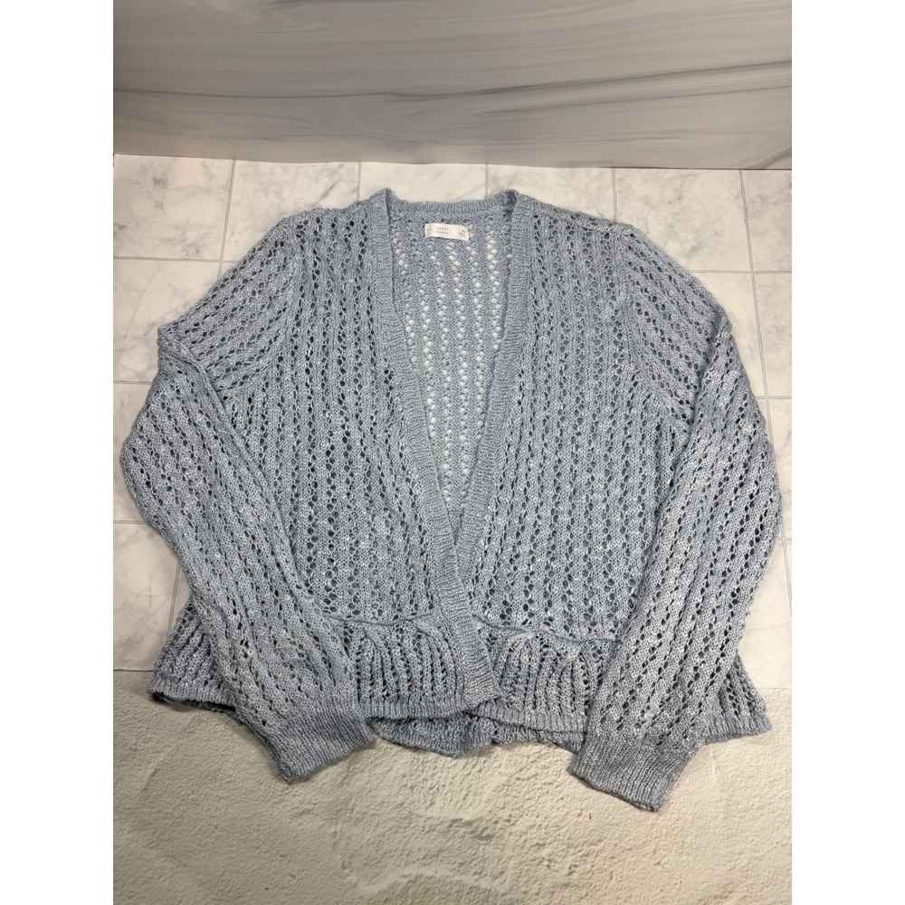 LC Lauren Conrad Women XL Light Blue Open Knit Crochet Ruffle Cardigan WL32S005R